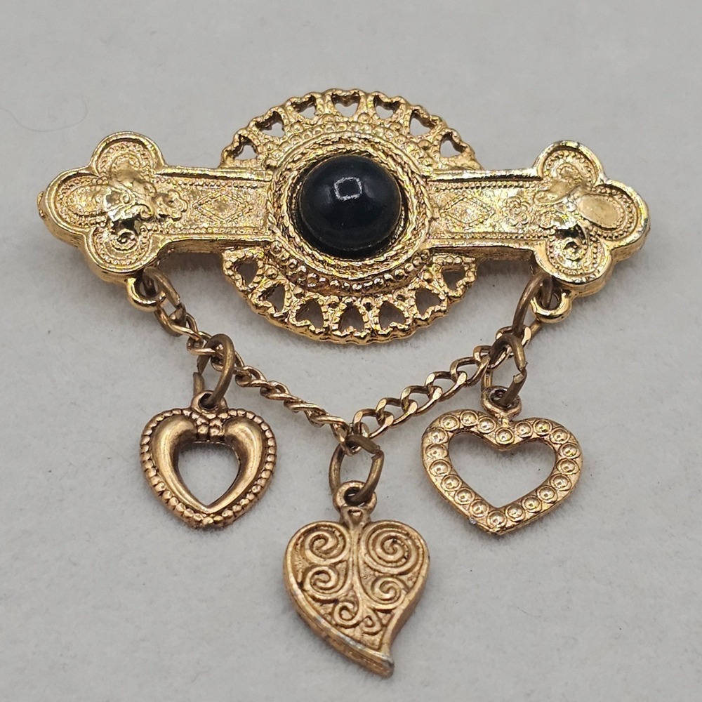 Vintage Charm Bar Brooch Black Gold Tone Hearts C Clasp Victorian Revival Pin
